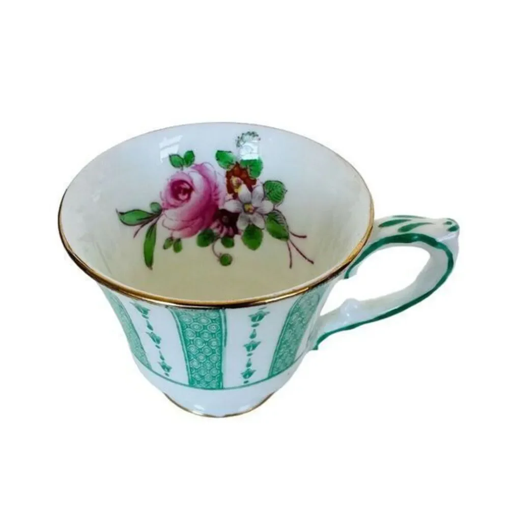 Crown Staffordshire Fine Bone China Demitasse Cup &‎ Saucer Green Lace Pink Rose